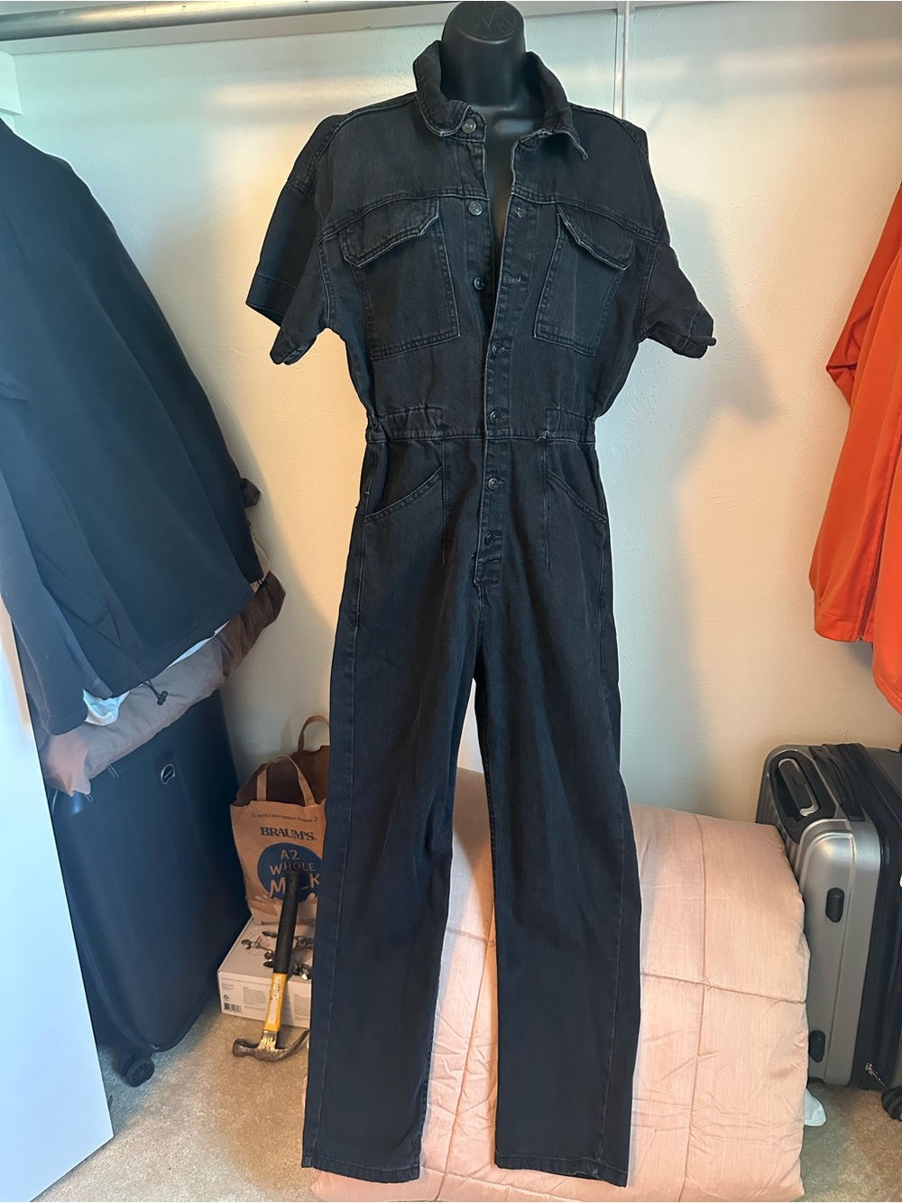 We the free, free people Panache Black Short-Sleeve Denim Jumpsuit medium button